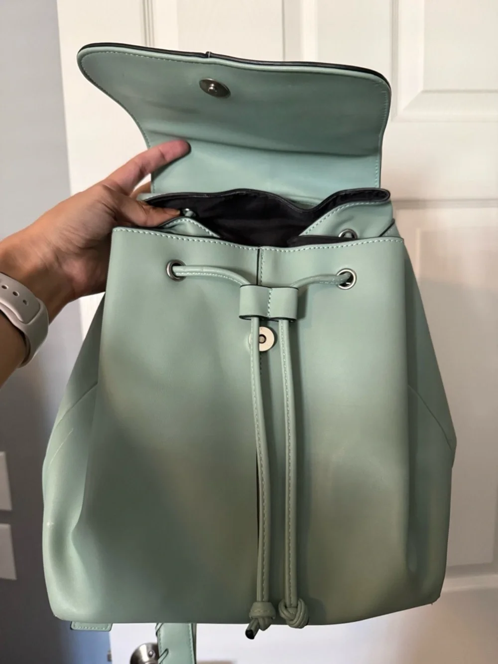 Zara Sage Green Faux Leather Backpack Minimalist Flap Drawstring Bag